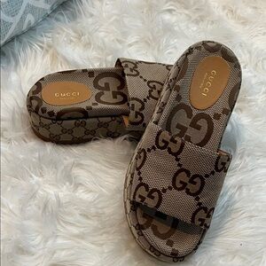 Gucci Beige GG Monogram Slide Sandals